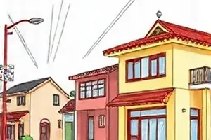 木棉巷口校园漫画封面，巷口木棉树与放学人流