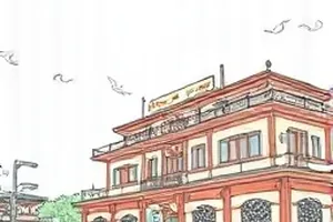 沙漏街角都市漫画封面，街角旧楼与倾斜的午后光影